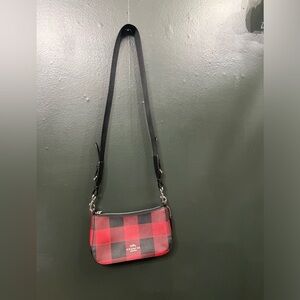 Coach Jess Baguette Buffalo Plaid Red and Black Checkered Crossbody Bag.